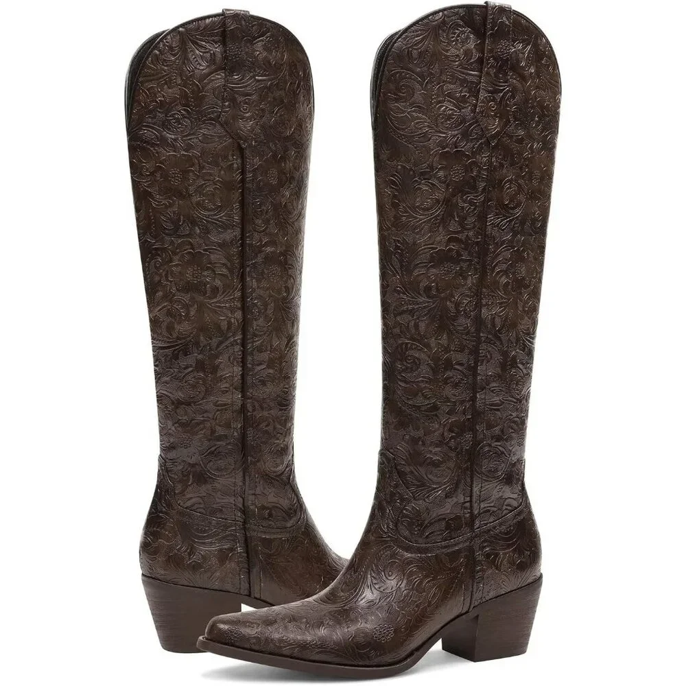 Women's Brown Knee High Western Pointed Toe Comfortable Chunky Heel Boots - Picture 5 of 6